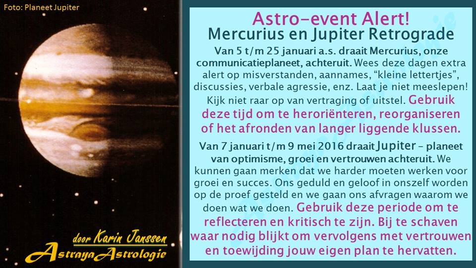 Mercurius en Jupiter Retrograde vanaf 5 en 7 januari 2016