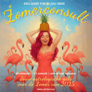 De afbeelding laat een blije vrouw zien die thuis is bij zichzelf en de flamingo's na een zomerconsult bij Astraya Astrologie.