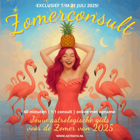 De afbeelding laat een blije vrouw zien die thuis is bij zichzelf en de flamingo's na een zomerconsult bij Astraya Astrologie.