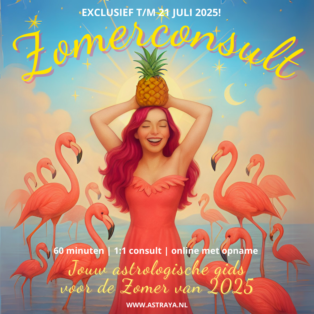 Zomerconsult 2025 De afbeelding laat een blije vrouw zien die thuis is bij zichzelf en de flamingo's na een zomerconsult bij Astraya Astrologie.